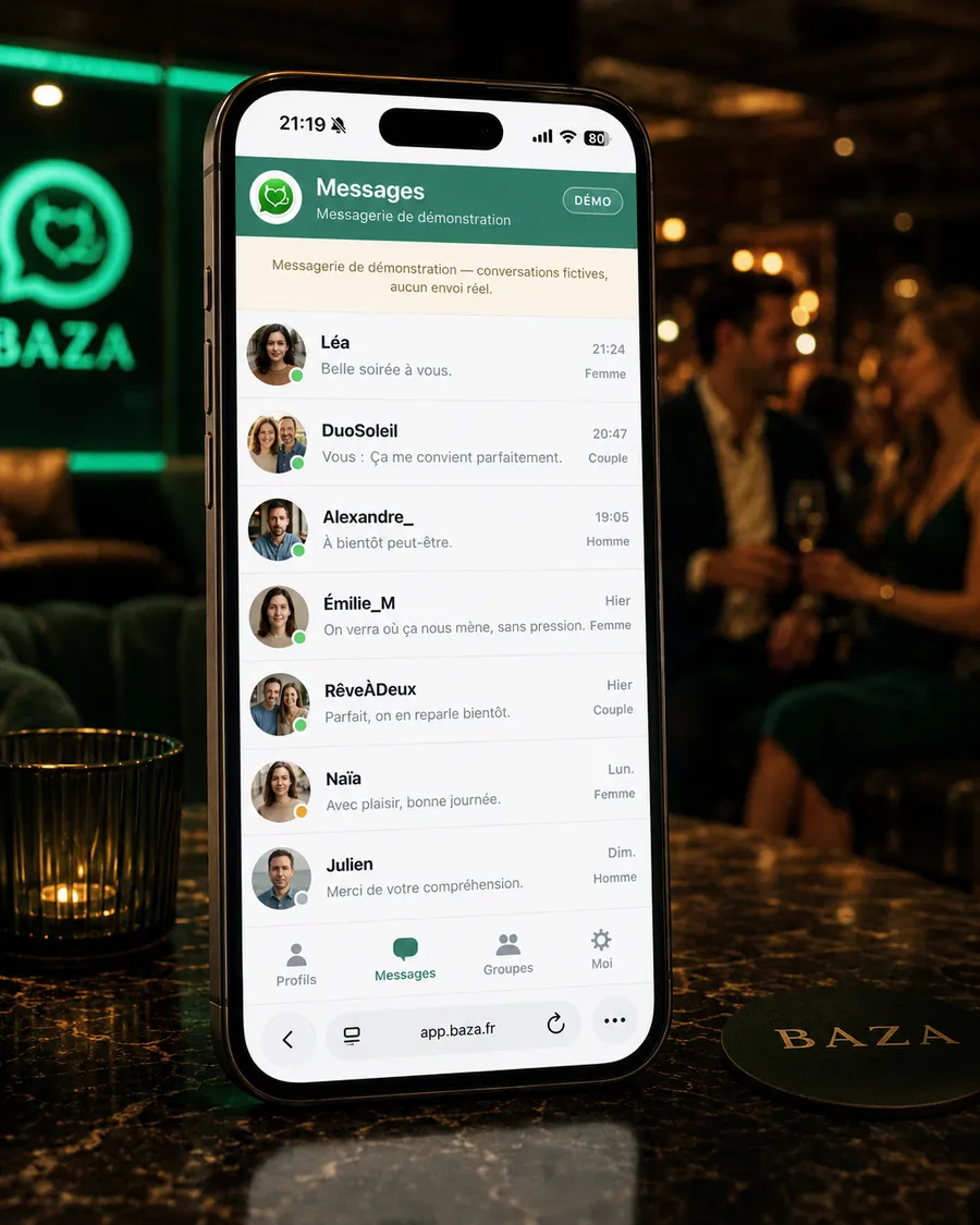 Un iPhone montrant la messagerie de démonstration de Baza, un duo élégant en arrière-plan dans un lounge chaleureux